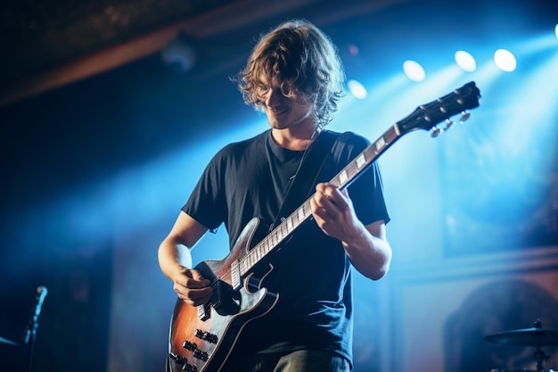 Musicista maschio caucasico giovane adulto che suona la chitarra sul palco durante un concerto in un locale musicale generati