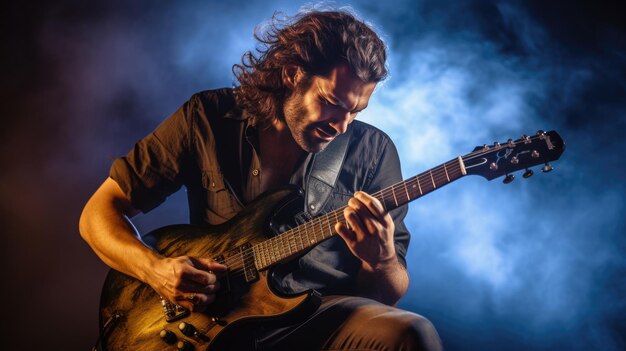 Musicista maschio che suona la chitarra a un concerto rock