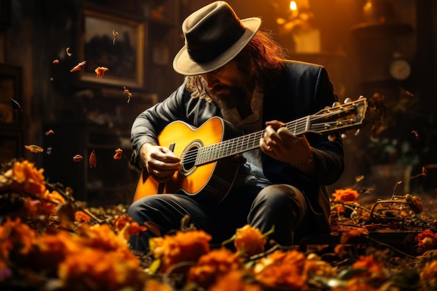 Musicista maschio con abito e cappello che suona la chitarra Uomo dai capelli lunghi che si siede in casa a suonare musica Fiori intorno