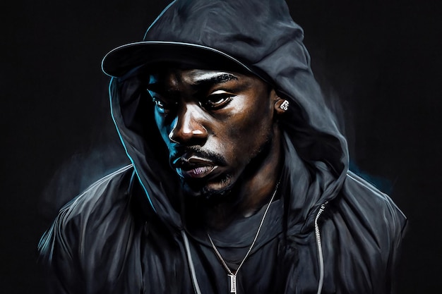 Musicista rapper nero Ritratto di un giovane afroamericano maschio nero su uno sfondo scuro