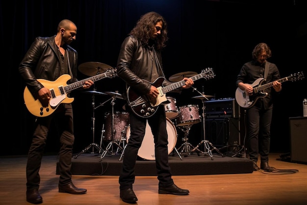 Musicisti che suonano in una band rock in un concerto su un palco sonoro