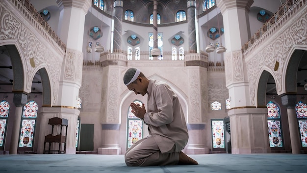 Musulmani che pregano all'interno di una bellissima moschea