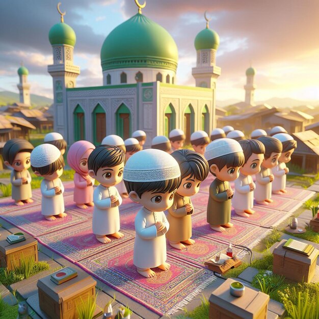 Musulmani chibi in 3D che pregano l'Eid fitr nella moschea degli insediamenti del villaggio