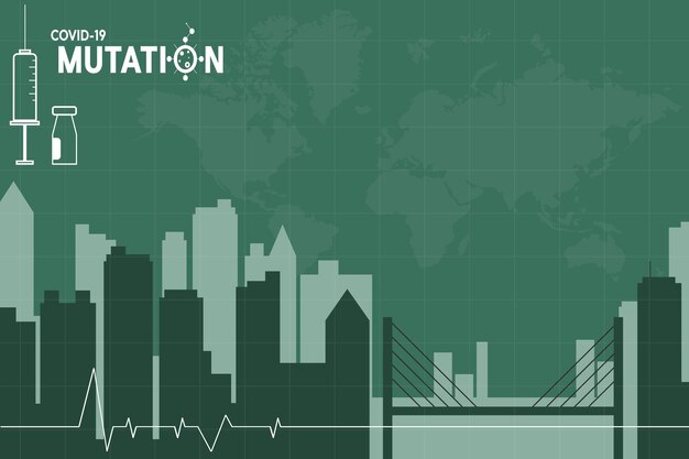 Mutazione del coronavirus covid-19, stile piatto, concetto di vaccinazione, iniezione, illustrazione della città