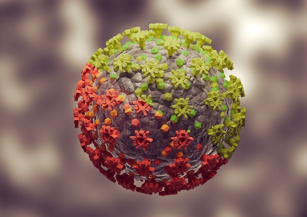 Mutazione del coronavirus. Nuova variante e ceppo di SARS CoV 2. Vista microscopica. Rendering 3D