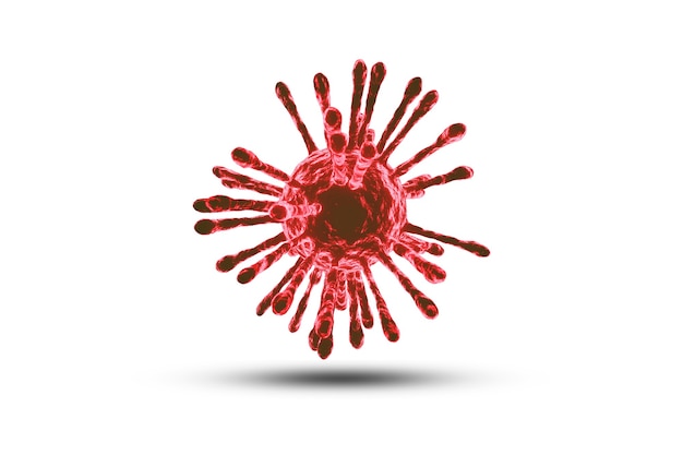 Mutazione del virus Red Corona su sfondo bianco, pandemia COVID 19 dalla Cina dal 2019 in ogni paese. Il virus muta fortemente per espandere l'epidemia e difficile da trattare, tecnica di rendering 3d