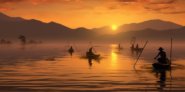 Myanmar Inle persone che pescano al tramonto