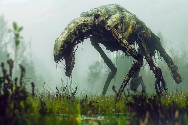 Mysterious Alien Creature Roaming Misty Extraterrestrial Landscape Fantascienza Arte concettuale