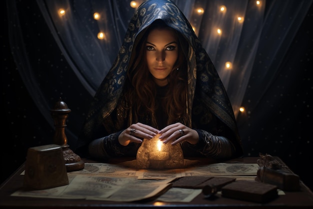 Mysterious fortune teller seduto a un tavolo scarsamente illuminato coperto di carte del tarocco Generative AI