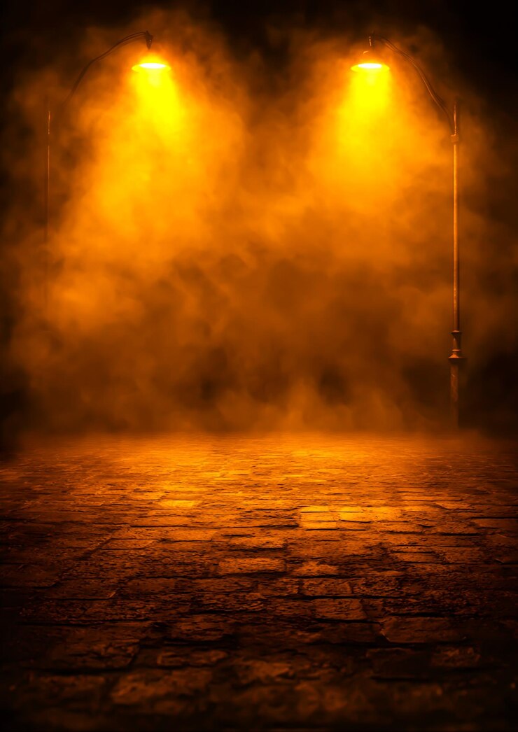 Mysterious Night Scene with Fog and Warm Street Lights Glow