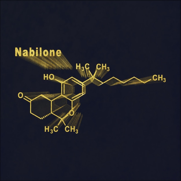 Nabilone cannabinoide sintetico, formula chimica strutturale oro su sfondo scuro