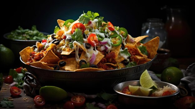 Nachos pieni di pezzi di verdure con salsa maionese su sfondo nero sfocato