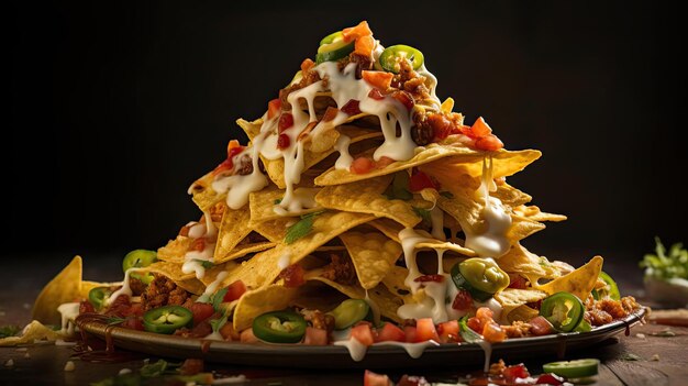 Nachos pieni di pezzi di verdure con salsa maionese su sfondo nero sfocato