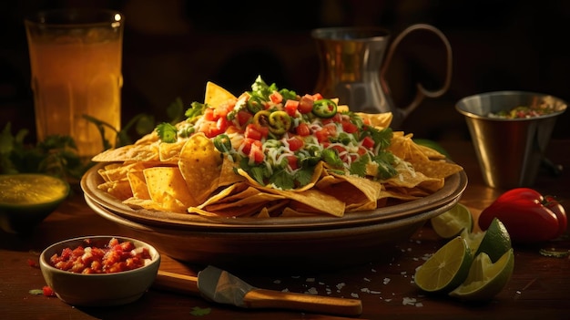 Nachos pieni di pezzi di verdure con salsa maionese su sfondo nero sfocato