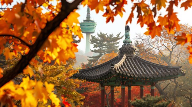 Namsan Tower e padiglione durante le foglie d'autunno a Seoul, Corea del Sud