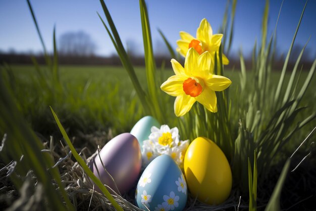 Narcisi e uova di Pasqua su un prato