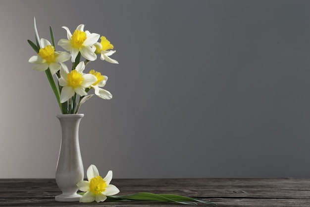 Narciso giallo in vaso sulla tavola di legno sulla superficie scura