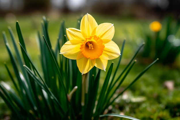 Narcissi in primavera Un narcisse fiorisce i suoi petali radianti