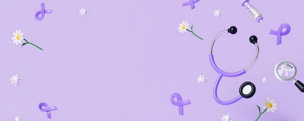 Nardo viola con fiori e spazio per il mese mondiale di consapevolezza sul cancro e la bandiera della Giornata mondiale del cancro