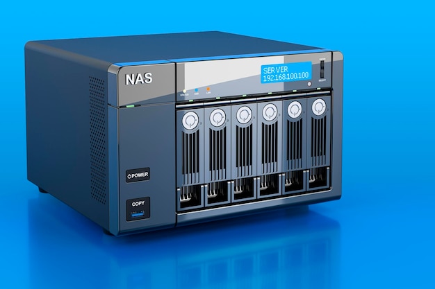 NAS con 6 dischi su sfondo blu rendering 3D