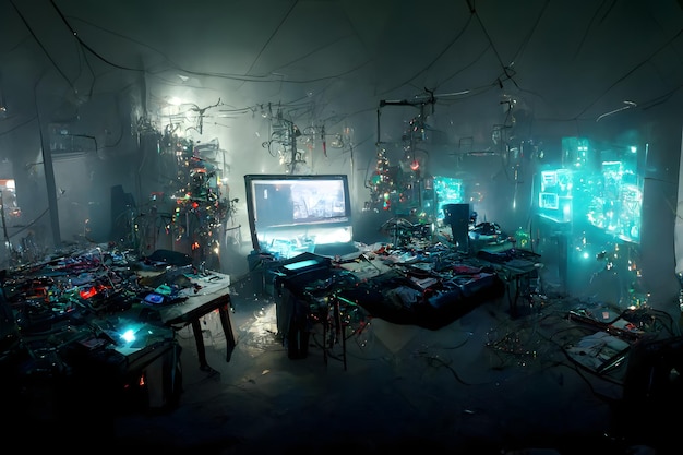 Nascondiglio disordinato hacker cyberpunk con ciano luci di Natale rete neurale generato artdecorations