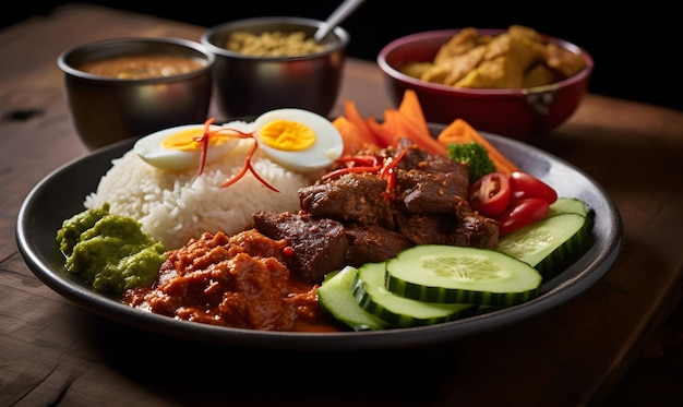 Nasi padang piccante e saporito con carne di manzo e verdure IA generativa