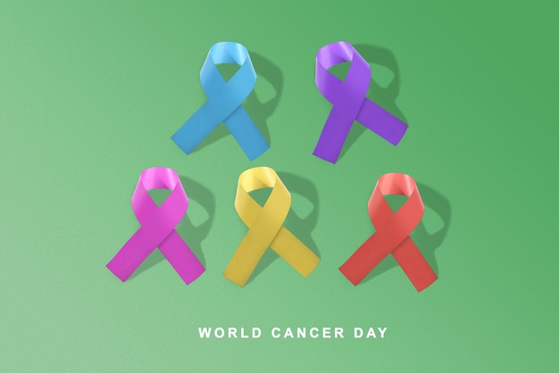Nastri colorati su uno sfondo colorato. Concetto di giornata mondiale contro il cancro