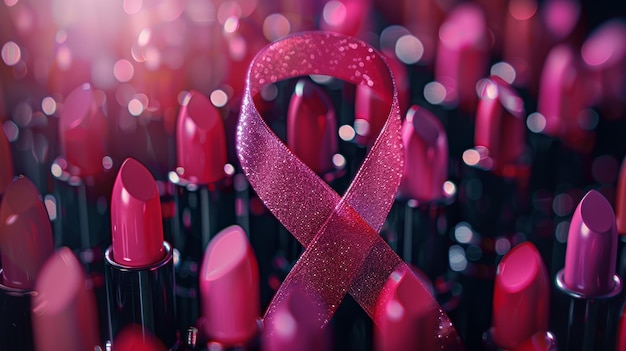 nastri di rossetto rosa che simboleggiano la consapevolezza del cancro al seno circondati da luci bokeh