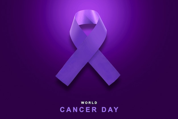 Nastri viola su uno sfondo colorato. Concetto di giornata mondiale contro il cancro