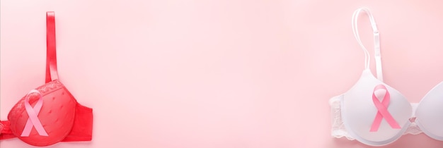 Nastro di consapevolezza del cancro al seno Reggiseno bianco e rosso con nastro rosa sdraiato sul reggiseno femminile su sfondi Consapevolezza del cancro al seno e giornata rosa di ottobre Giornata mondiale del cancro Vista dall'alto Mock up Banner