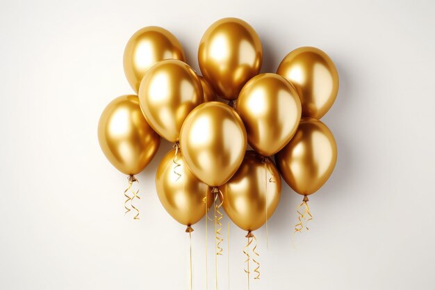 Nastro di coriandoli di palloncini 3d dorati con anniversario e compleanno festivo su sfondo bianco