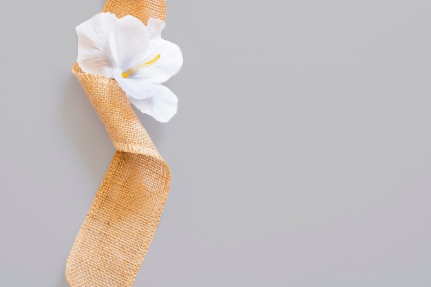 nastro di iuta riccio marrone con un fiore bianco su sfondo grigio