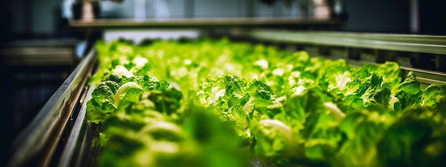 Nastro di lattuga nei prodotti dell'industria alimentare pronti per l'imballaggio automatico Concetto con produzione alimentare automatizzata AI generativa