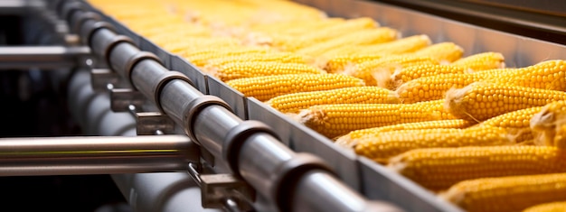 Nastro di mais nei prodotti dell'industria alimentare pronti per l'imballaggio automatico Concetto con produzione alimentare automatizzata AI generativa