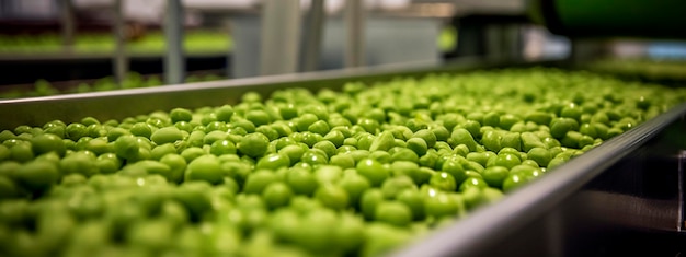 Nastro di piselli nei prodotti dell'industria alimentare pronti per l'imballaggio automatico Concetto con produzione alimentare automatizzata AI generativa