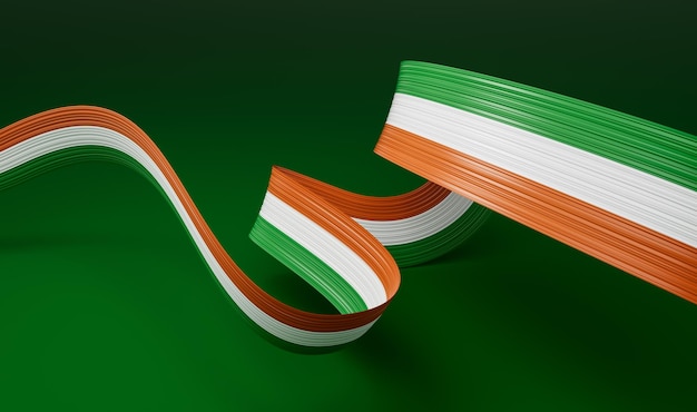 Nastro ondulato o banner con bandiera dell'Irlanda Modello per l'illustrazione 3d del giorno dell'indipendenza