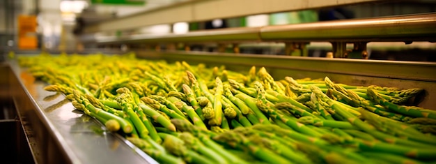 Nastro per asparagi nei prodotti dell'industria alimentare pronti per l'imballaggio automatico Concetto con produzione alimentare automatizzata AI generativa