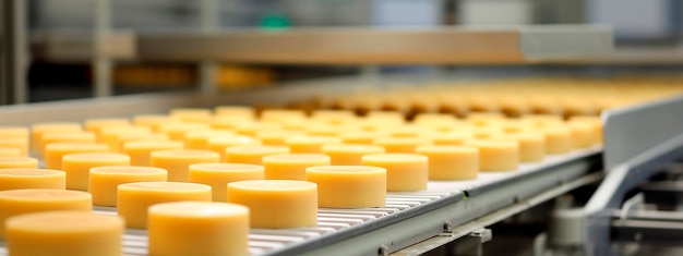 Nastro per formaggi nei prodotti dell'industria alimentare pronti per l'imballaggio automatico Concetto con produzione alimentare automatizzata AI generativa