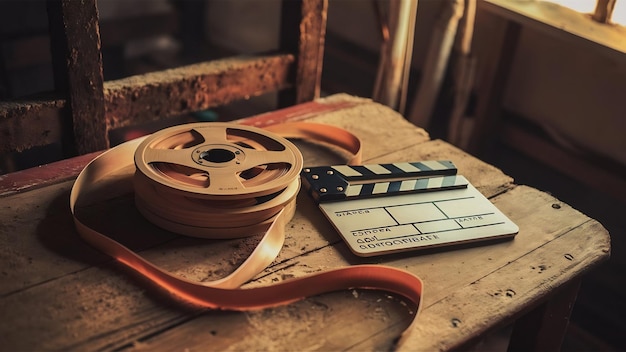 nastro per fotocamere d'epoca e clapperboard su legno