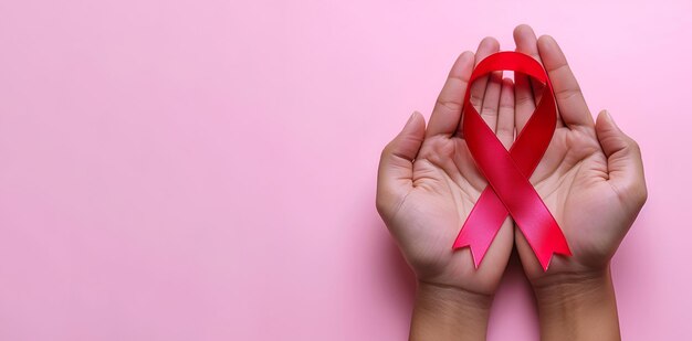 Nastro rosso per la consapevolezza del cancro nelle mani su sfondo rosa