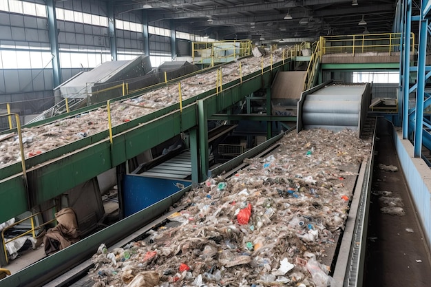 Nastro trasportatore con mucchio di rifiuti nell'impianto di riciclaggio IA generativa