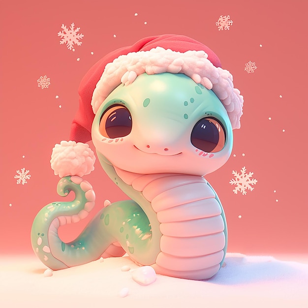 Natale 2025 serpente dei cartoni animati in 3D che indossa un cappello rosso e un fiocco di neve bianco sulla testa Il serpente sorride ed è felice