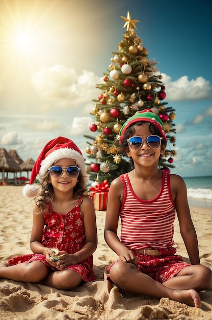 Natale Bambini sorridenti che indossano occhiali da sole sulla spiaggia Albero di Natale e regali sullo sfondo