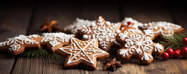 Natale biscotti di pan di zenzero fatti in casa su legno sfondo natalizio spazio di copia generativo ai