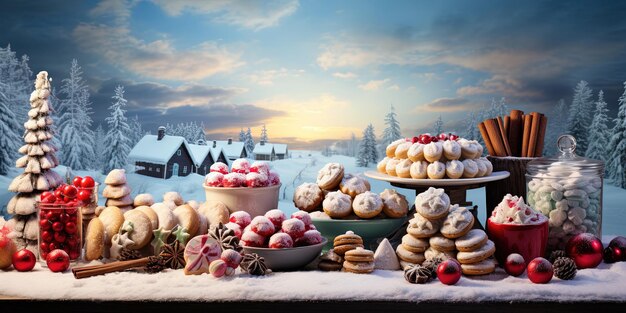 Natale cibo panetteria cottura xmas celebrazione vacanza biglietto di auguri Closeup di molti biscotti di Natale e ornamenti di decorazione in neve con paesaggio blu nevoso sullo sfondo