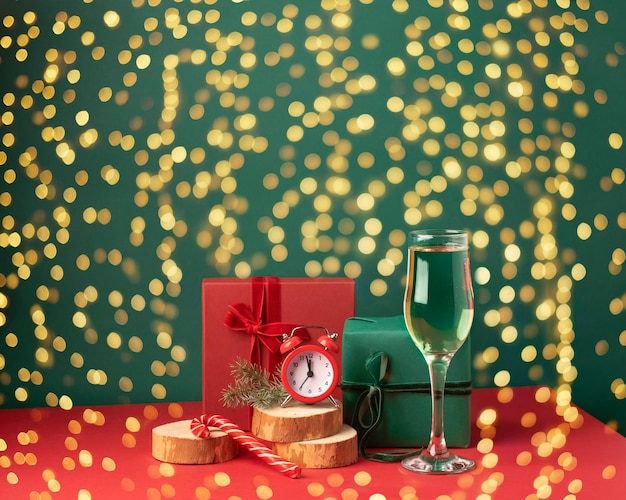 Natale composizione podio vetro champagne scatola regalo orologio Capodanno sfondo