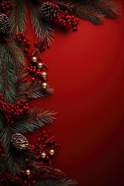 Natale con rami di abete e ornamenti di decorazione su banner rosso a sfondo Generativo ai