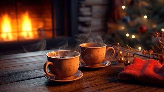 Natale due tazze di tè sul tavolo il camino è acceso AI generativa