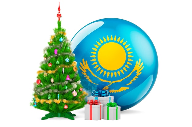 Natale e Capodanno in Kazakistan concetto Albero di Natale e confezioni regalo con bandiera kazaka rendering 3D