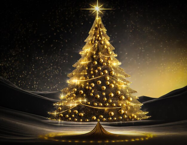 Natale e Capodanno vacanze concetto albero di Natale d'oro con stelle e luci luccicanti su un blu